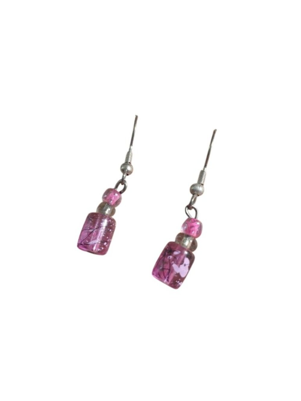Pink Glass Bead Dangle Drop Earrings Silver Tone Hooks Lightweight Jewelry Gift
